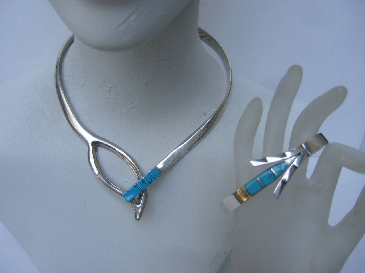 Sleek Sterling Artisan Turquoise Choker Bracelet Set 1