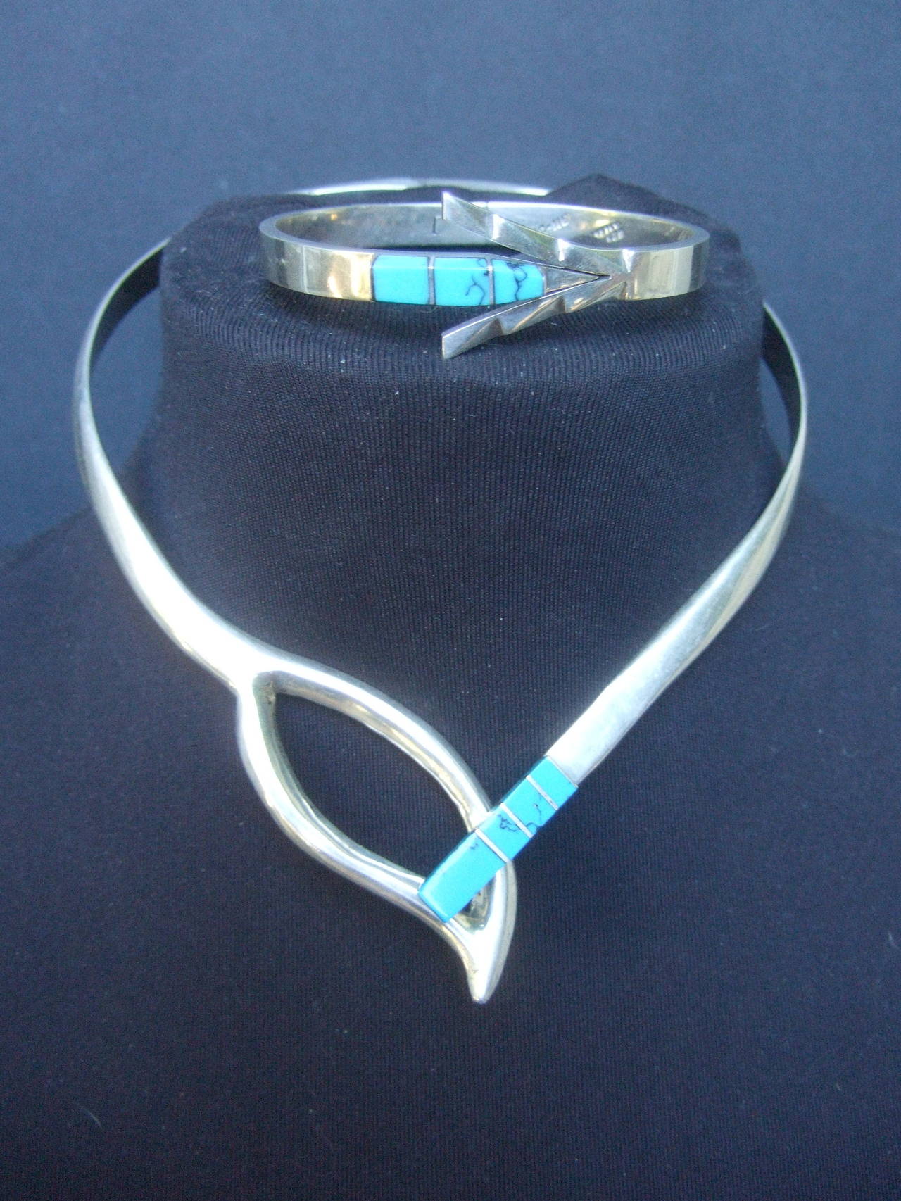 Sleek Sterling Artisan Turquoise Choker Bracelet Set 4