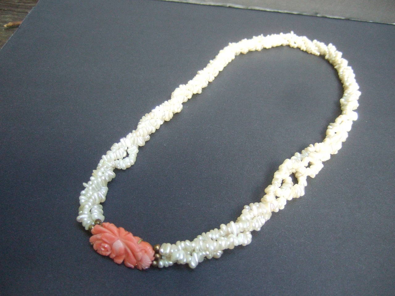 Opulent Freshwater Pearl Carved Coral Braided Necklace For Sale 2