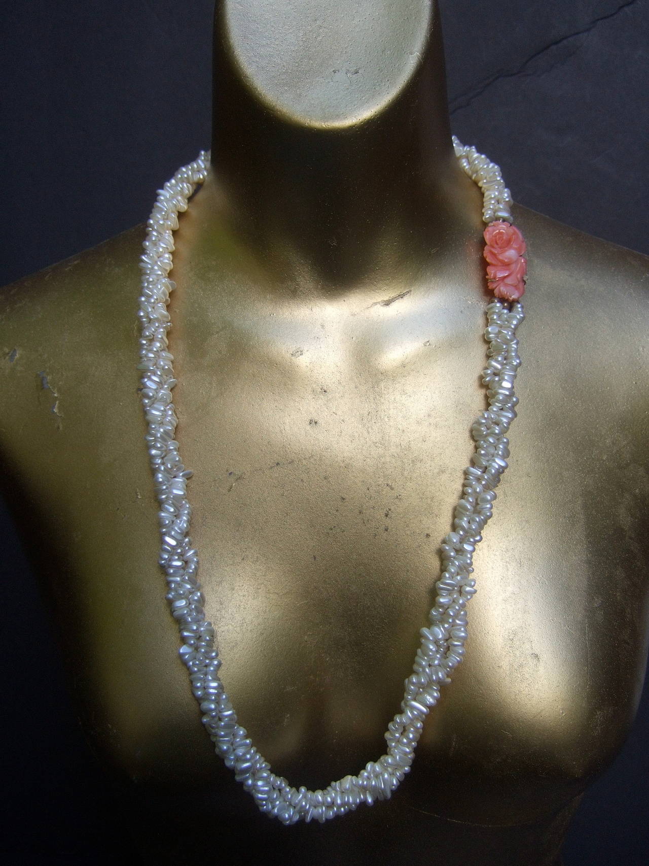 Opulent Freshwater Pearl Carved Coral Braided Necklace For Sale 1