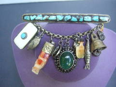 Exotic Dangling Charm Turquoise Bar Brooch c 1980s