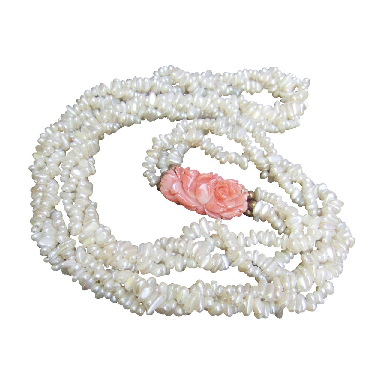 Opulent Freshwater Pearl Carved Coral Braided Necklace For Sale