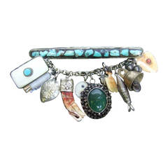 Vintage Exotic Dangling Charm Turquoise Bar Brooch c 1980s