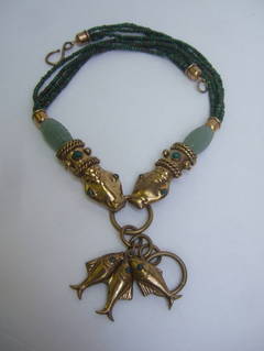 Artisan Serpent Head Semi Precious Stone Necklace c 1960s