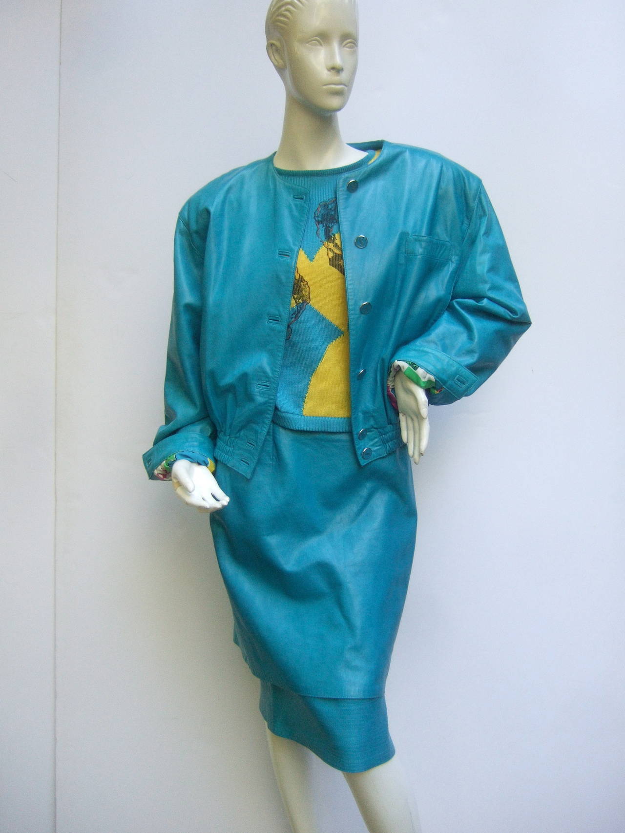 Louis Feraud Turquoise Leather Andy Warhol Inspired Skirt Suit c 1980s 1