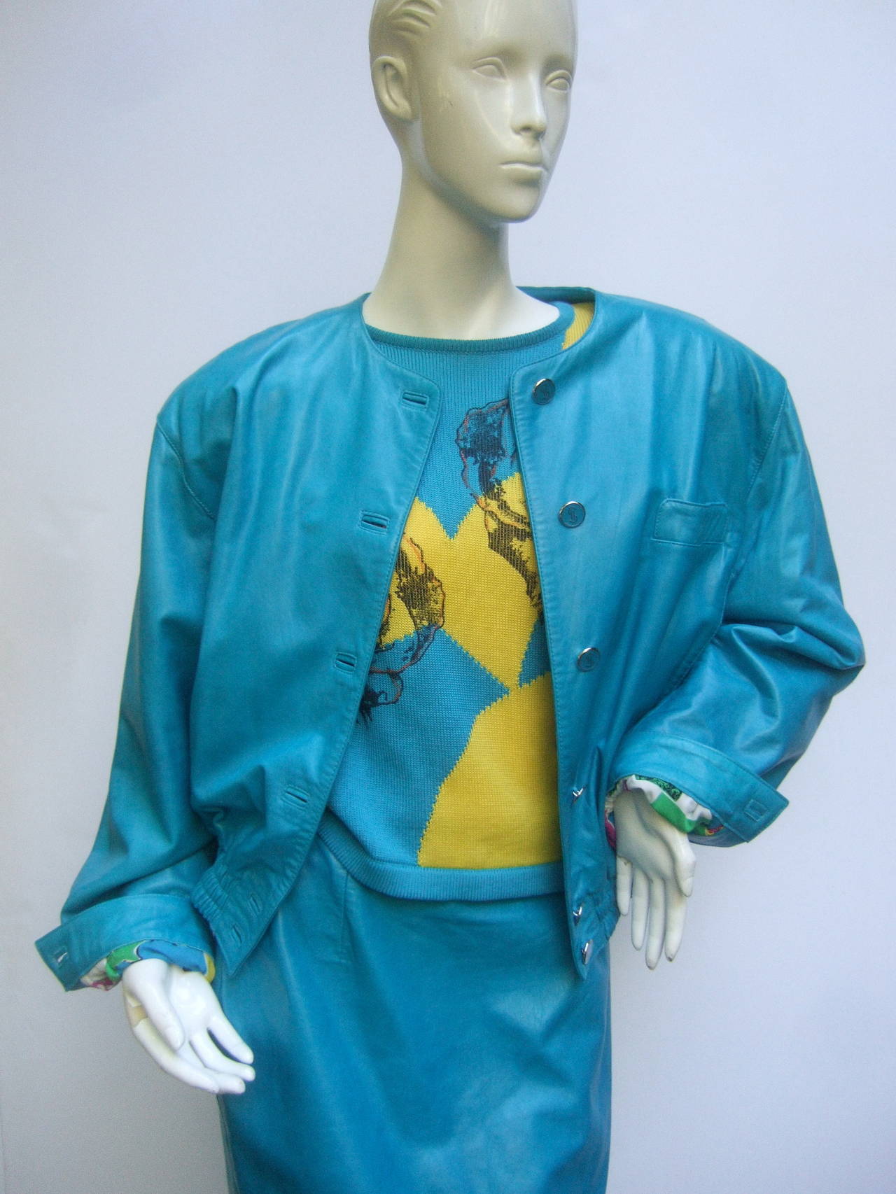 Louis Feraud Turquoise Leather Andy Warhol Inspired Skirt Suit c 1980s In Good Condition In University City, MO