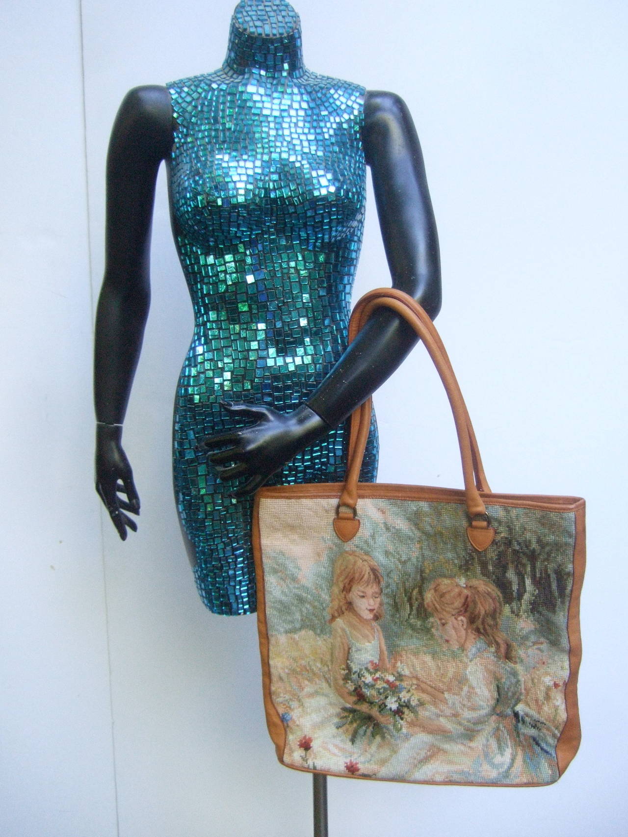 Needlepoint Leather Trim Large Tote Bag c 1990's