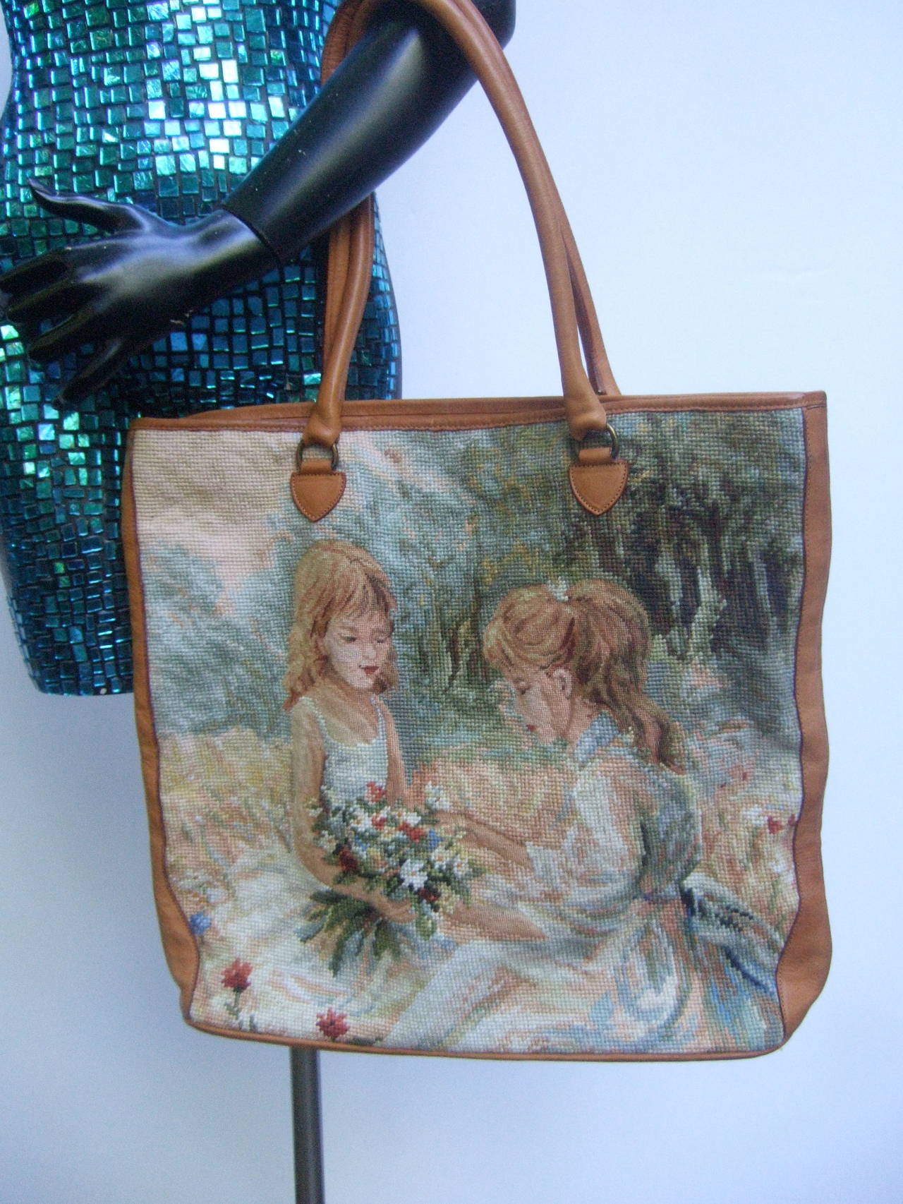 Needlepoint Leather Trim Large Tote Bag c 1990's at 1stDibs