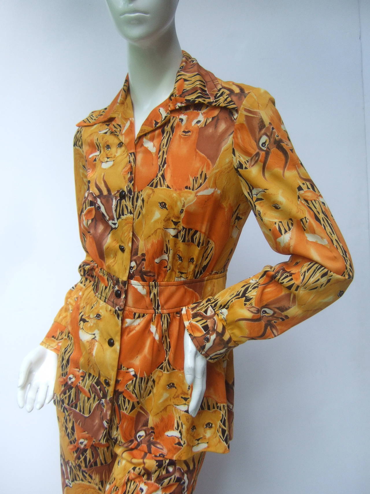 Brown 1970s Mod Animal Jungle Print Trouser Suit