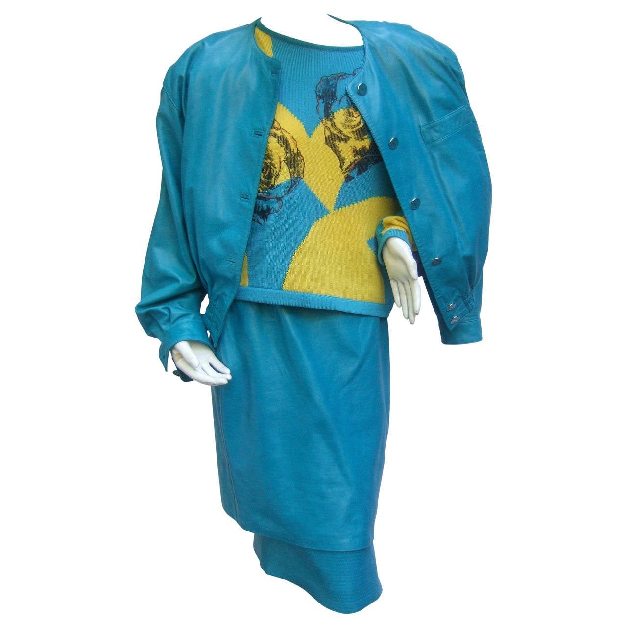 Louis Feraud Turquoise Leather Andy Warhol Inspired Skirt Suit c 1980s