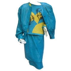 Vintage Louis Feraud Turquoise Leather Andy Warhol Inspired Skirt Suit c 1980s