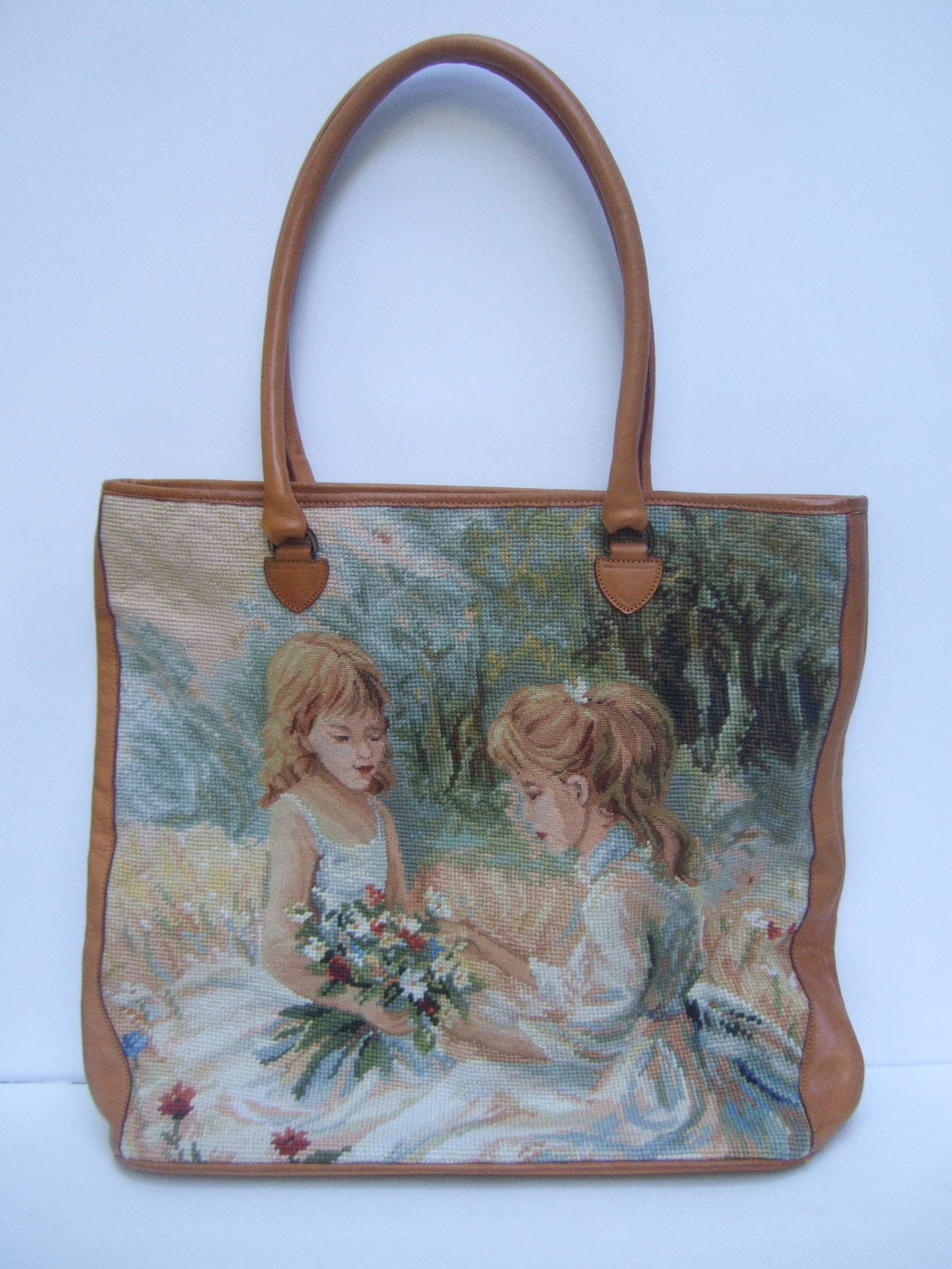 Needlepoint Leather Trim Large Tote Bag c 1990's at 1stDibs