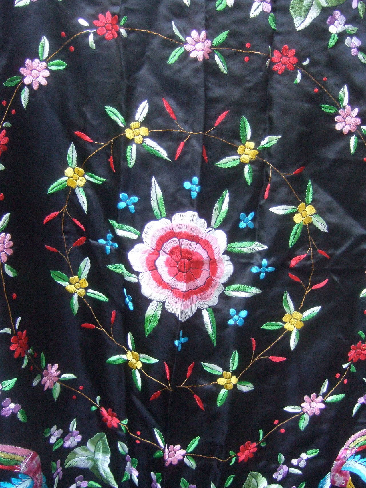 Exotic Embroidered Silk Fringe Shawl c 1970s 6