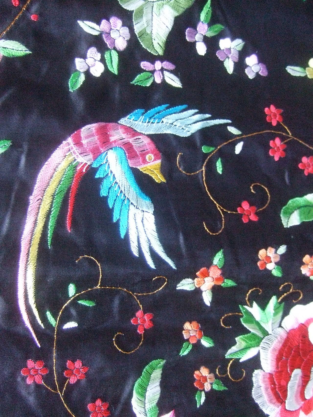 Exotic Embroidered Silk Fringe Shawl c 1970s 4