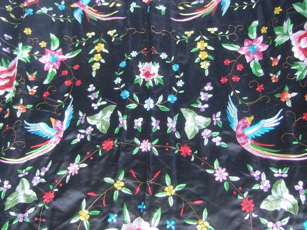 Exotic Embroidered Silk Fringe Shawl c 1970s 3