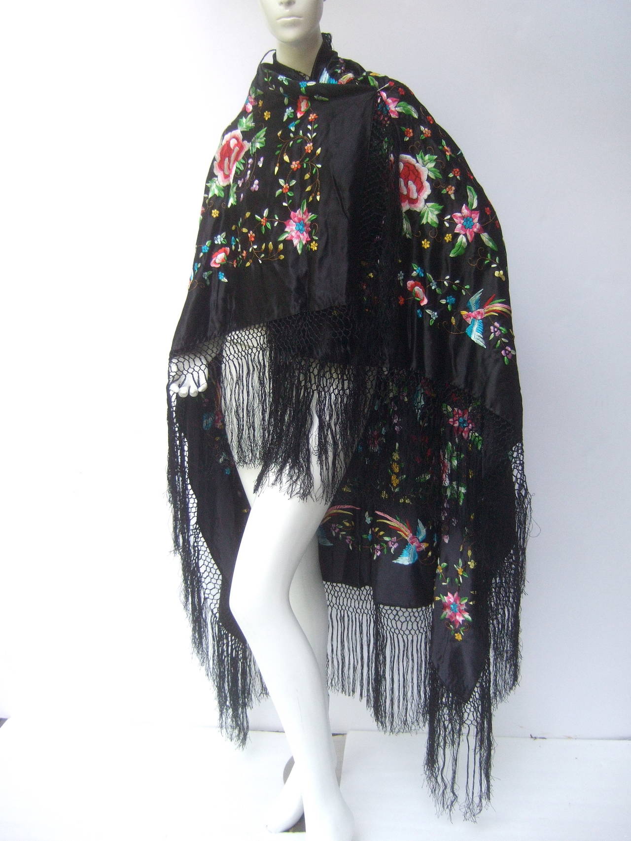 Exotic Embroidered Silk Fringe Shawl c 1970s 2