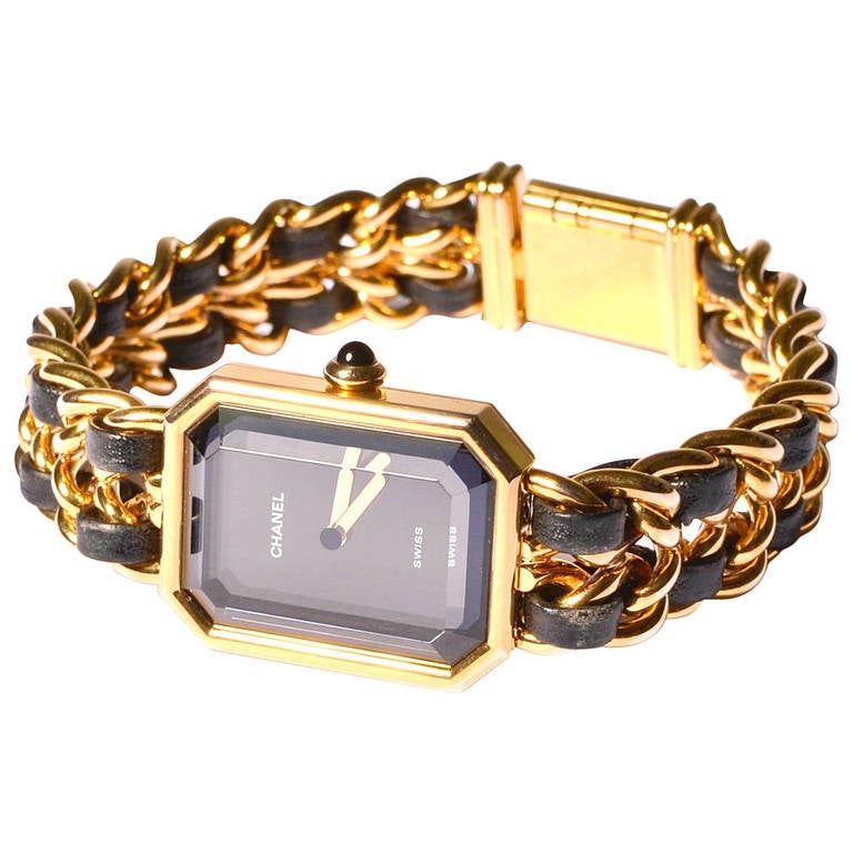 Chanel Premiere Gold Plated Gold Chain and Black Leather Watch at 1stDibs