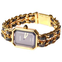 Chanel Premiere Gold Plated Gold Chain & Black Leather Watch
