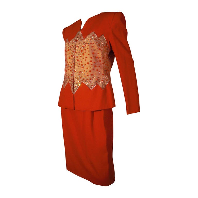 1980s Carolina Herrera Red Wool And Rhinestone Studded Mesh Suit