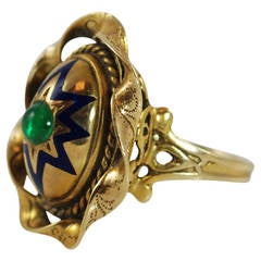 Blue Enamel Cabochon Emerald Yellow Gold Ring 6