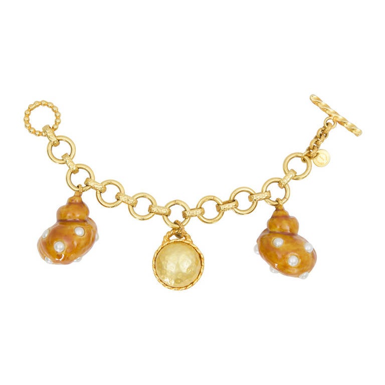 DOMINIQUE AURIENTIS Paris Orange Enamel Faux Pearl Shell Charm Bracelet For Sale