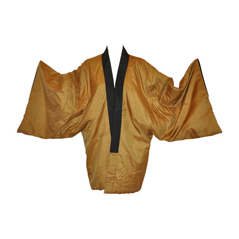 Rare Quilted Silk Japanese Kimono Jacket with Japanese Landscape Lining For Sale