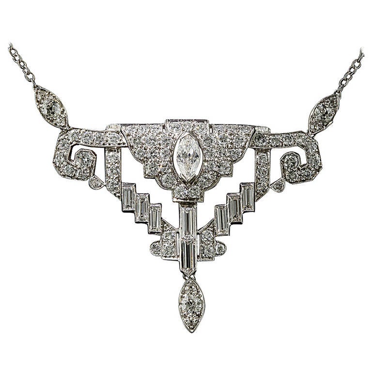 Art Deco Style Diamond Platinum Necklace For Sale