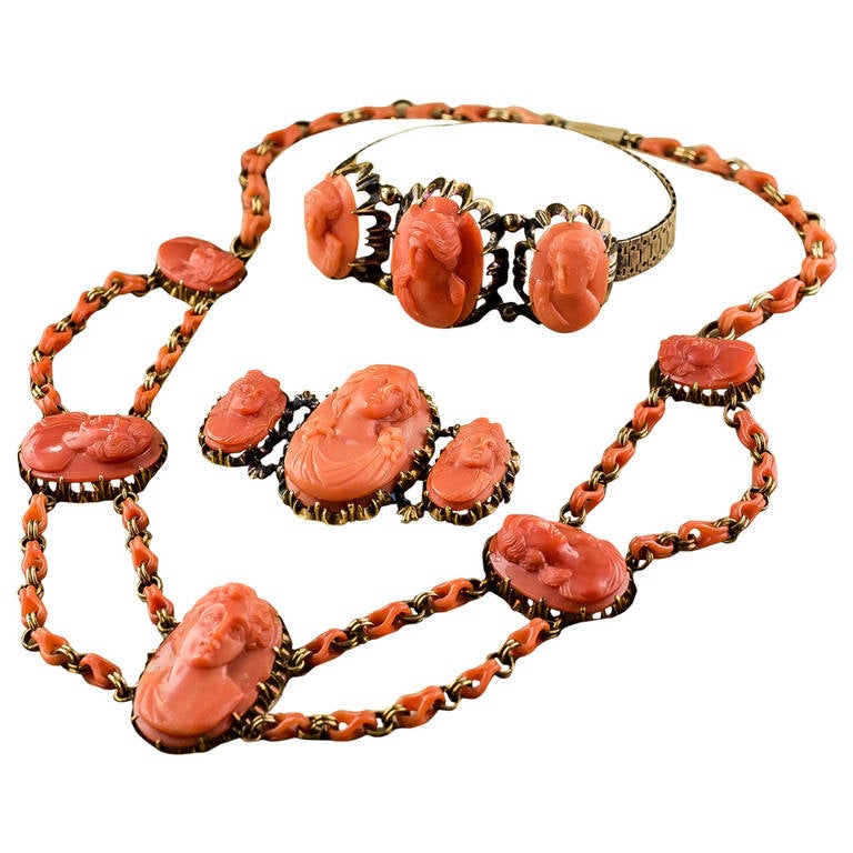 Antique Victorian Coral Cameo Jewelry Suite For Sale