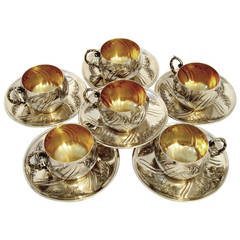 Rare French Sterling Silver Vermeil Six Coffee/Tea Cups with Saucers Rococo