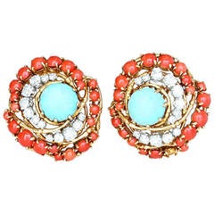 French Turquoise Coral Diamond Gold Earrings