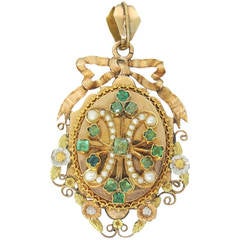Antique Victorian Pearl Emerald Gold Locket Pendant