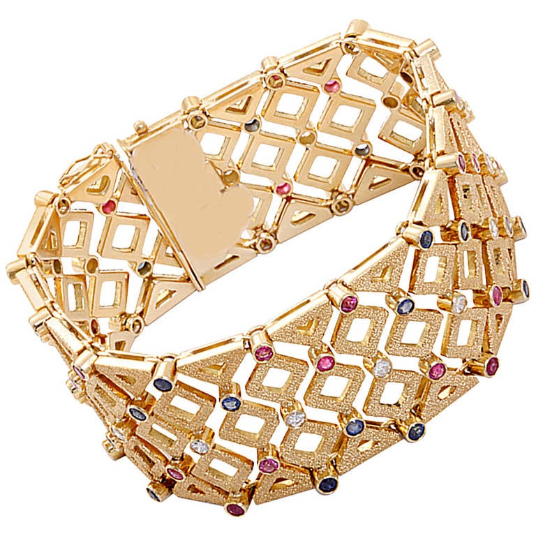 Stunning Ruby Sapphire Diamond Yellow Gold Wide Lattice Bracelet