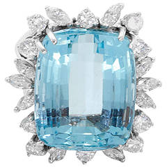 Large Aquamarine Diamond White Gold Ring