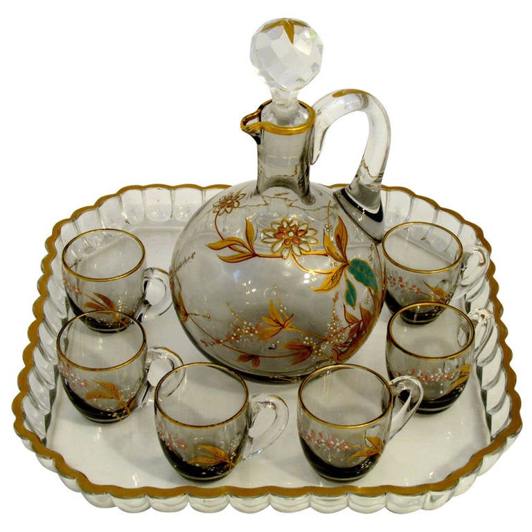 Baccarat 1900s French Enameled Liqueur Set Decanter Cordials Tray Flowers