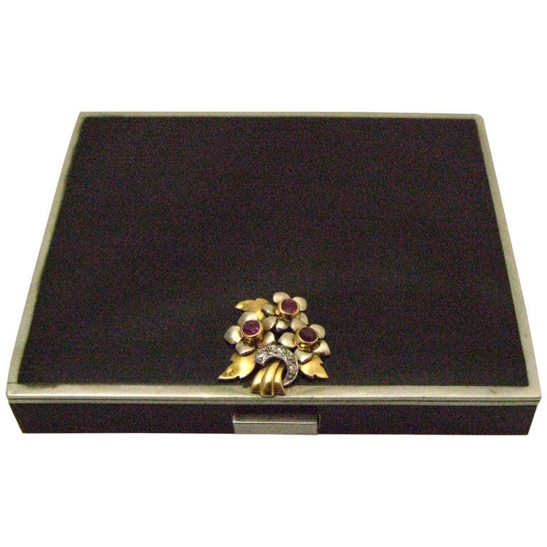 Art Deco Enamel Ruby Diamond Silver Compact/Box For Sale