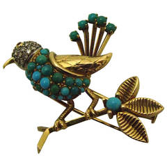 Boucheron Turquoise Ruby Diamond Gold Bird Brooch