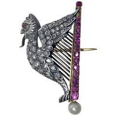 Antique French Pearl Ruby Diamond Gold Griffin and Harp Brooch