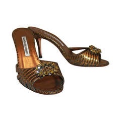Manolo Blahnik Olive Metallic Jeweled Heels - 38 3