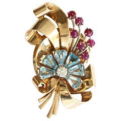 Inspired Retro Aquamarine Ruby Gold Brooch