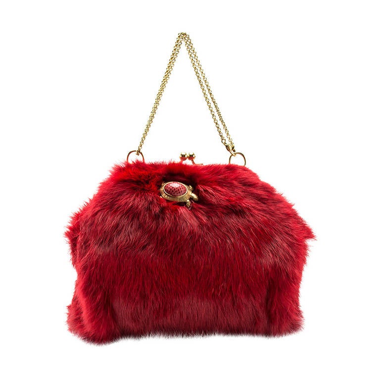 Salvatore Ferragamo Red Rabbit Fur Evening Bag For Sale