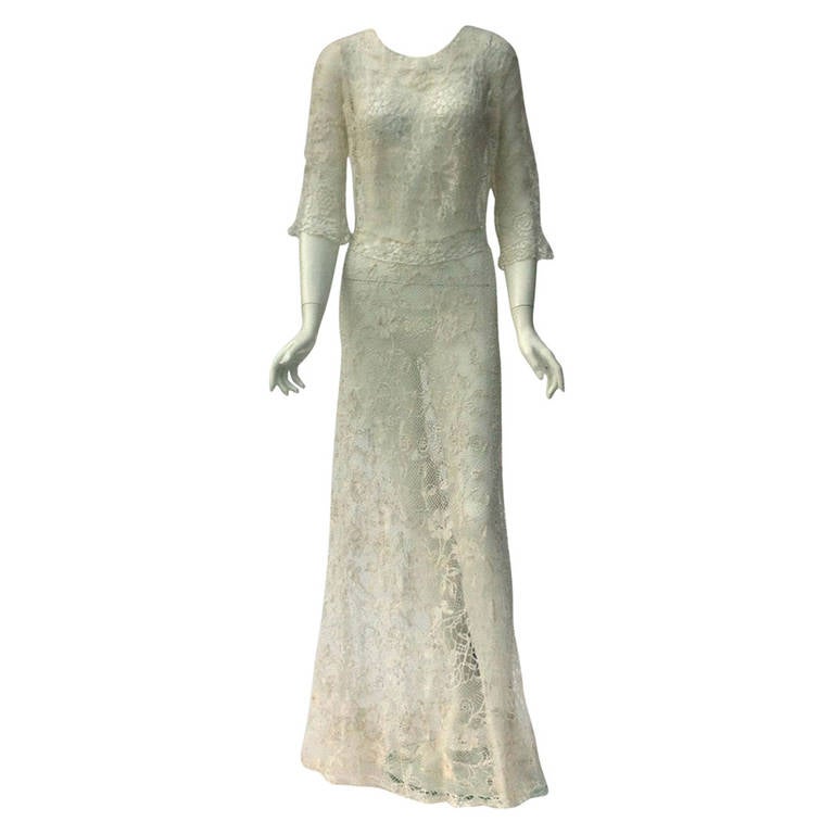 1900s Stunning French hand made irish crochet long dress For Sale