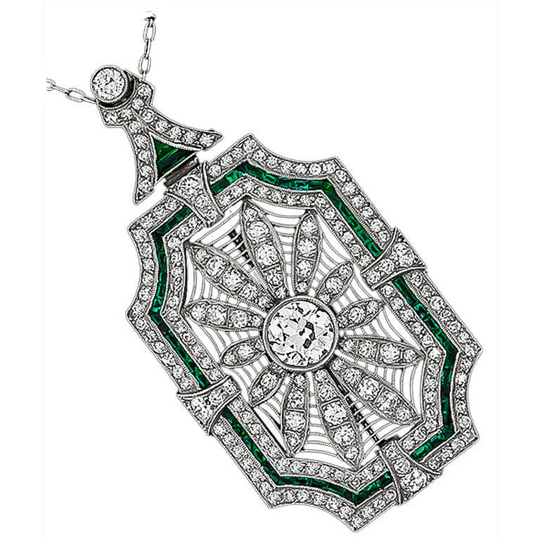 Art Deco Emerald Diamond Platinum Pin/Pendant Necklace