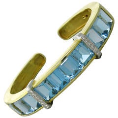 Vintage Blue Topaz Diamond Gold Cuff Bracelet