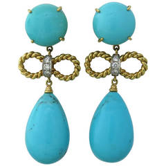D. Bouzan Turquoise Diamond Gold Platinum Drop Earrings