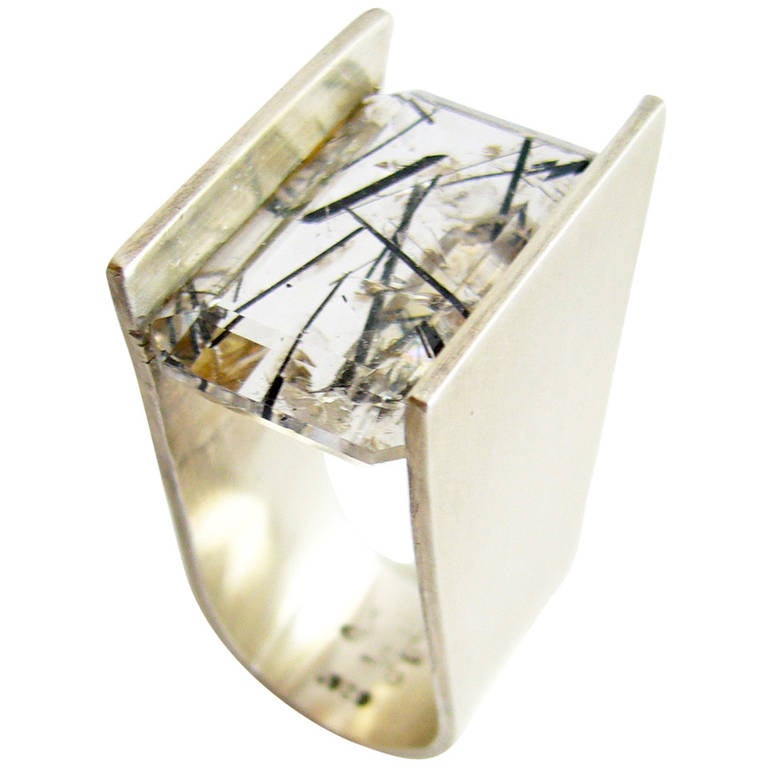 Heidi Abrahamson Rutilated Quartz Architectural Modern Sterling Silver Ring For Sale