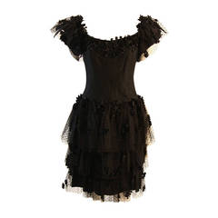 Vintage Nolan Miller Black Mesh and Floral Applique Cocktail Dress