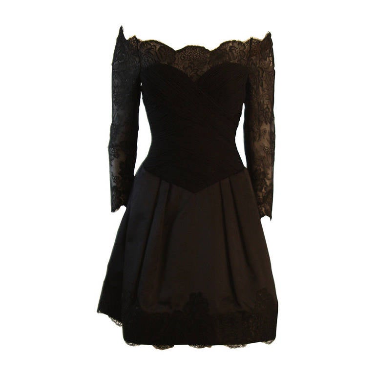Vera Wang Black Off the Shoulder Silk Cocktail Dress with 3/4 Lace Sleeves