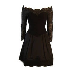 Vera Wang Black Off the Shoulder Silk Cocktail Dress with 3/4 Lace Sleeves 8