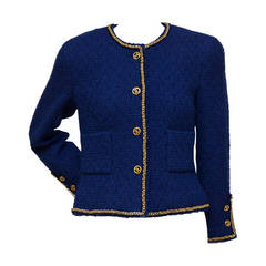 Vintage Chanel Royal Blue Tweed Jacket With Gold Chain Spectacular