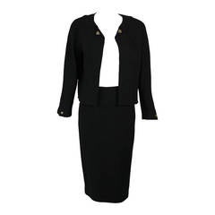 Chanel Black Skirt Suit and Jacket with Logo Buttons and Back Zipper